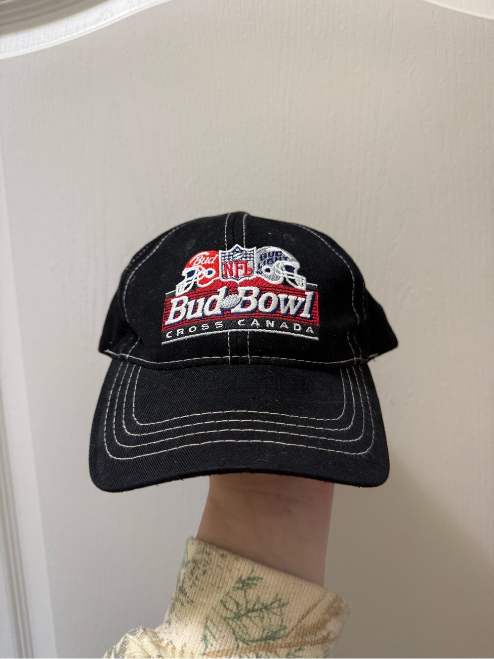 Vintage NFL Bud Bowl Black Baseball Cap with Red and White Embroidery